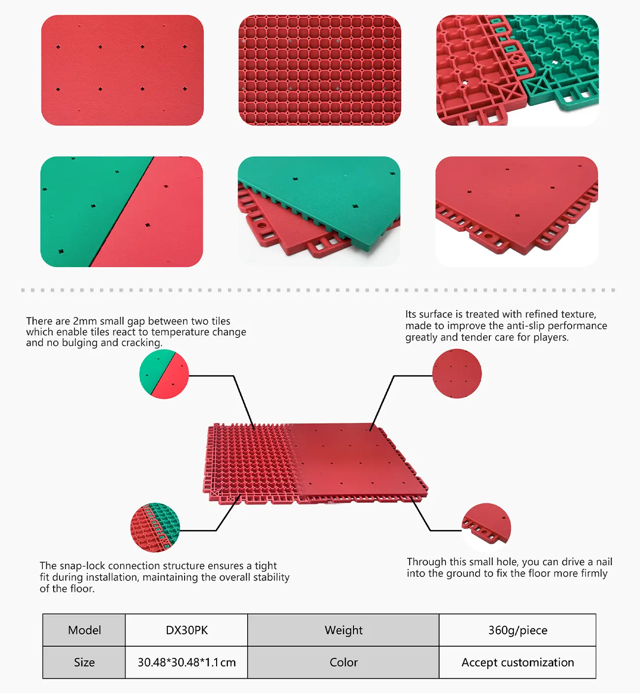 DX30 Pickleball court tiles details